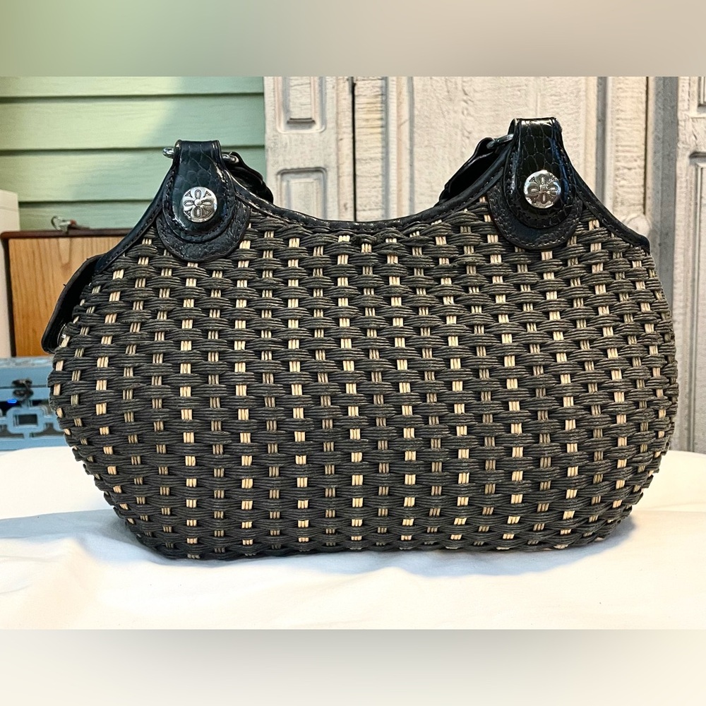 Brighton Woven Straw Dark Black /Tan Shoulder Bag w/Black Leather Trim - Pockets